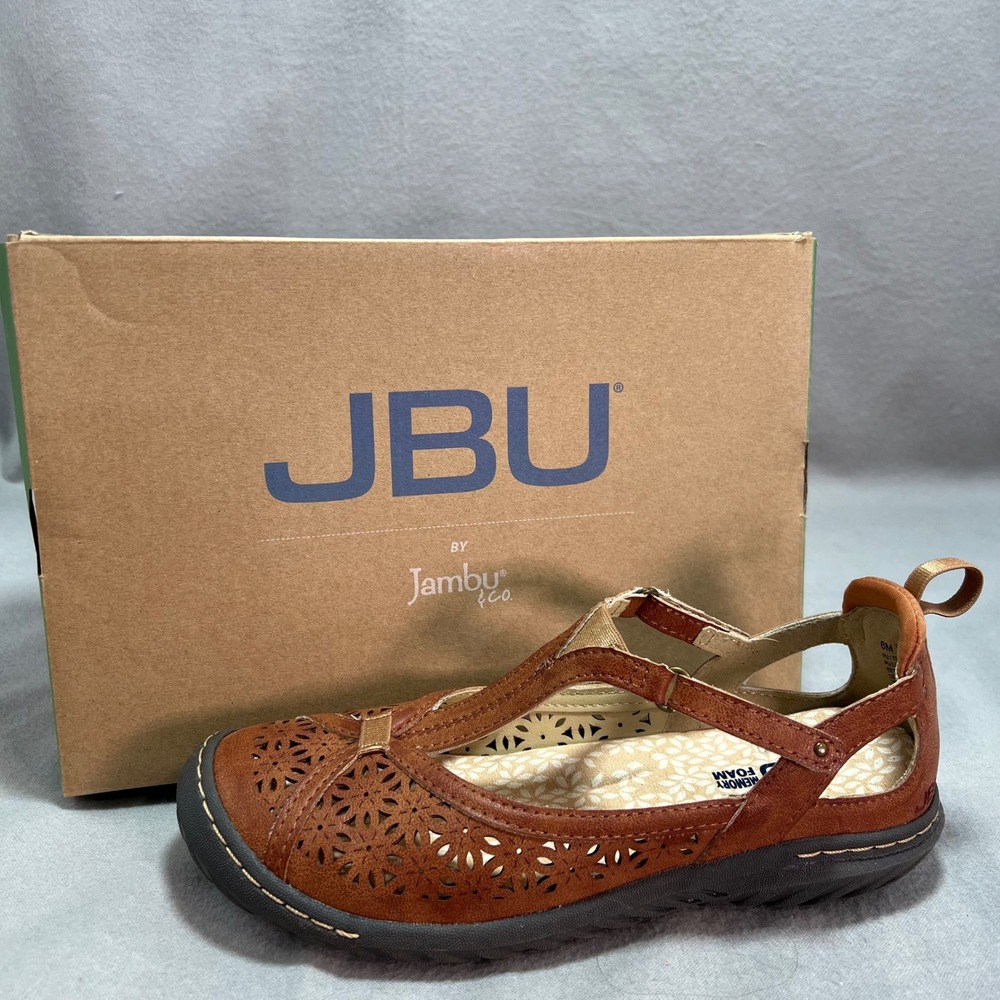 JBU by Jambu Daffodil Whiskey Brown T-Strap Laser Cut Out Comfort Flats Size